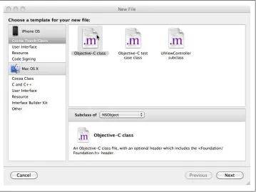 Figure 5-9. The New File window, which allows you to select the template Xcode will use to generatethe new class interface and implementation file