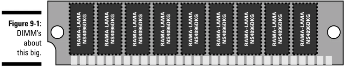 Figure 9-1 shows what a DIMM looks like, though in real life a DIMM is slightly smaller than what’s shown in the figure