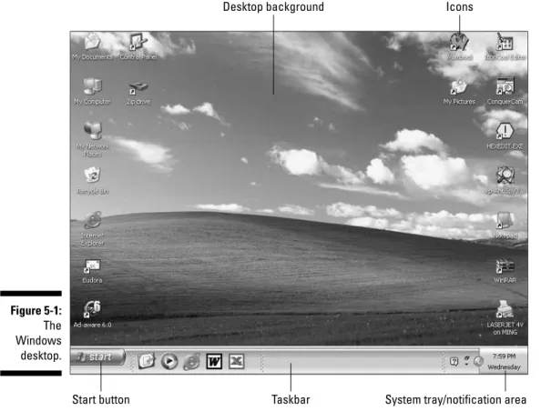 Figure 5-1 shows a typical Windows XP desktop. You can see various icons on either side of the screen, a pretty background, plus the Start button and taskbar on the bottom of the screen