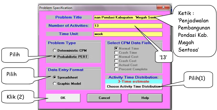 Gambar 4.3 Dialog PERT/CPM Problems Specification 