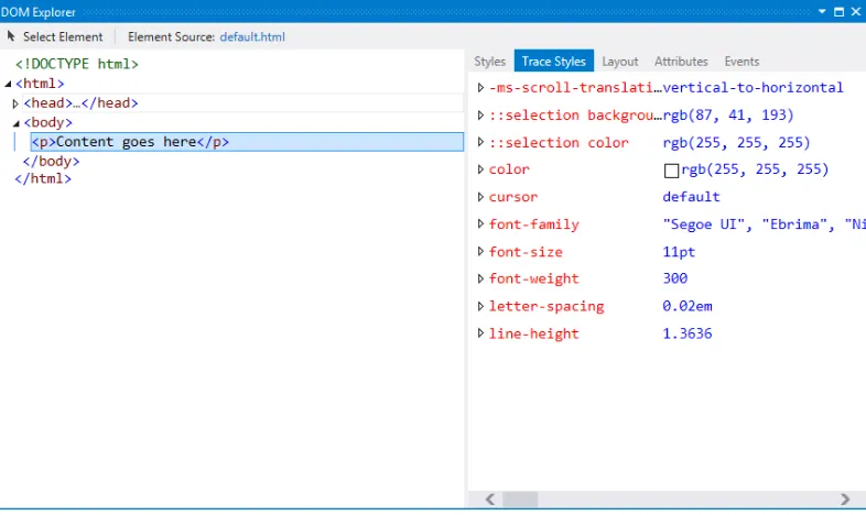 Figure 2-9. The DOM Explorer in Visual Studio shows a live view of your Document Object Model (DOM) when your app is running in debug mode