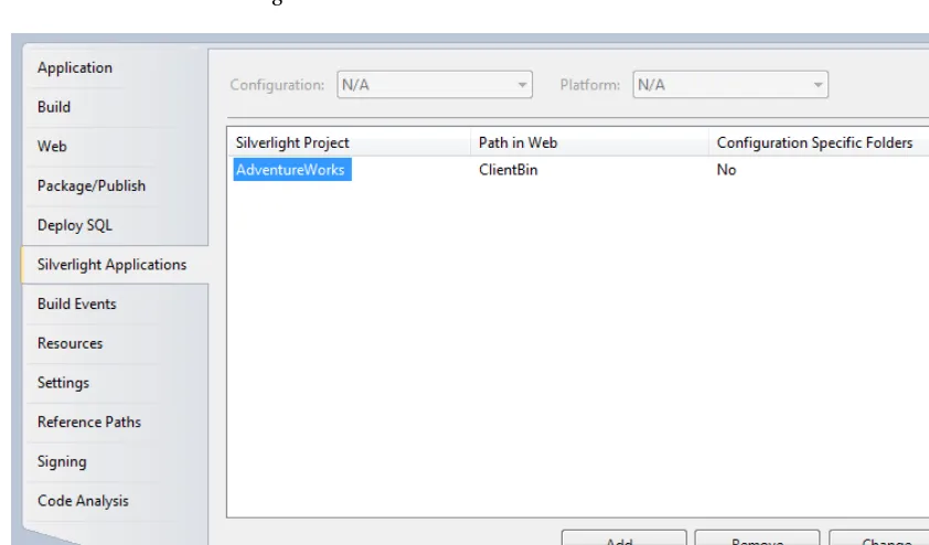 Figure 2-8. Silverlight project properties for the web application project 