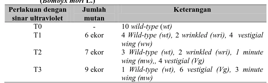 Tabel 4.4 Data Pengamatan Fenotipe  Pada Bentuk Sayap Ngengat  Sutera (Bombyx mori L.) Perlakuan dengan Jumlah 