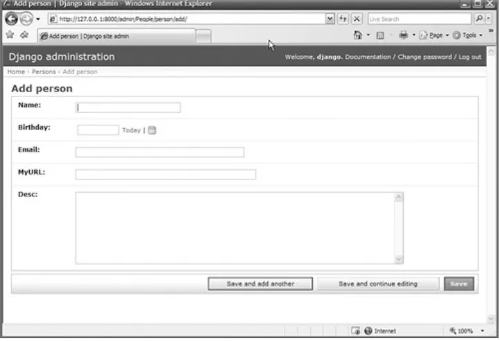 Figure 3.9. Add page for a Person object inDjango's admin interface.