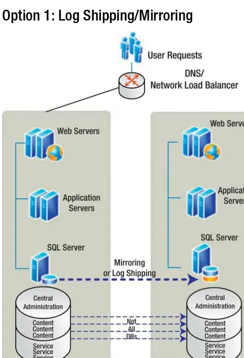 Figure 1-6. A SharePoint farm with mirroring or log shipping 