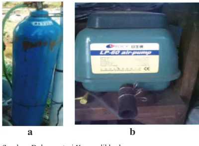 Gambar 3.11. Peralatan budidaya ikan(a = Tabung oksigen, b = pompa listrik/aerator) 