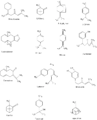 Gambar 2.2.  Berbagai rumus kimia minyak atsiri temulawak   (Purnomowati,Yoganingrum,1997) 