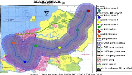 Gambar 1. Rute rencana dan Buffer 500,1000,1500 dan 2000 