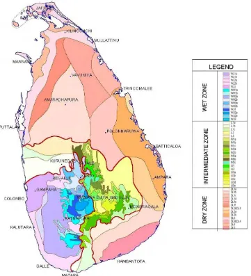 Fig. 1. Agro ecological zones of Sri Lanka. The central highlands in the wet zone form the main catchment of Mahaweli River that was diverted to supplement the irrigationrequirement of the farm lands in the Anuradhapura and Pollonaruwa districts (North Central Province) in the dry zone.