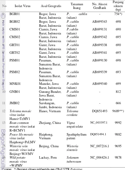 Tabel 4.2 Daftar virus-virus (Potyvirus) yang digunakan untuk analis sikuen nukleotida