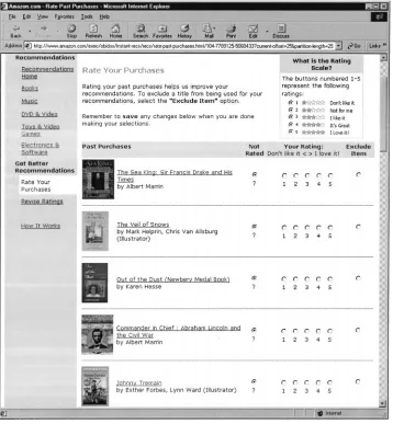 Figure 1.The Amazon.com ratings page prompts the customer to rate items recently purchased