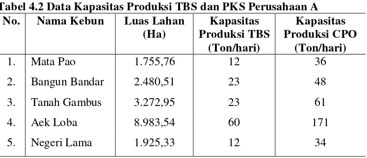 Tabel 4.2 Data Kapasitas Produksi TBS dan PKS Perusahaan A 