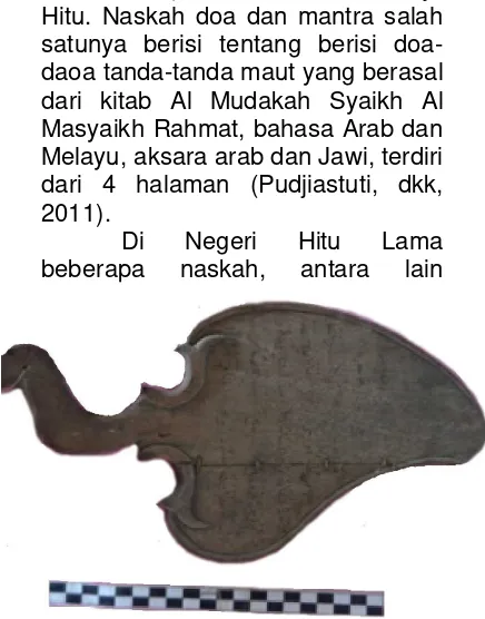 Gambar 1. Teks yang berisi doa, yang diterakan diatas lempengan kayu berbentuk kipas di Negeri Hila