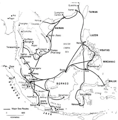 Gambar 1A. Peta perjalanan orang Cina ke Asia Tenggara pada abad ke 15 & 16, denganroute Barat route Timur Mereka ini pada umumnya berangkat dari tiga kota utama di CinaSelatan yaitu :Quanzh Xiamen dan Guangzhou (Canton)