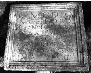 Fig. 1 – Iscrizione funeraria di L. Modius Nicephorus da parte del tataL. Modius Urbanus (Roma, via Vitorchiano)