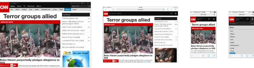 Figure 1–5. CNN.com uses a responsive layout that adapts page elements to fit in different screen sizes, while using a consistent organization structure throughout 