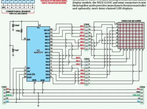 Fig.4 (below): the circuit of a typical pre-built 8×8 LED matrix module with MAX7219 driver