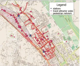Fig. 1. Pedestrian network, stations and travel attractor poles in QGIS