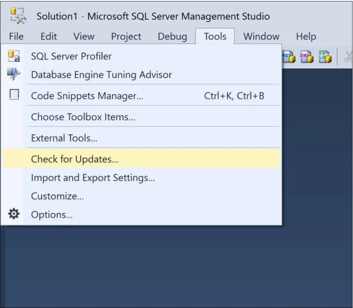 Figure 3.4: Check for Updates in SQL Server Management Studio We also have the option to request that SSMS automatically checks for