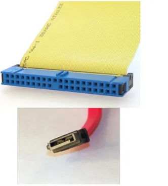 Figure 1.22 shows the ends of the data cables. Again, the top one is PATA and the  bottom one is SATA