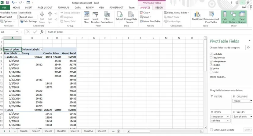 Figure 3-8. Pivot Table showing breakdown by salesperson and model for each day