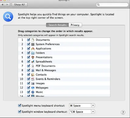 Figure 4-3: Fine-tune your Spotlight menu and Results window from System Preferences.