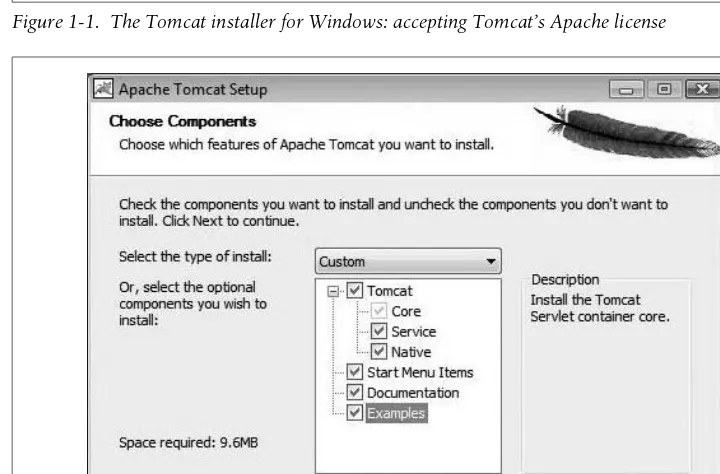 Figure 1-1.  The Tomcat installer for Windows: accepting Tomcat’s Apache license
