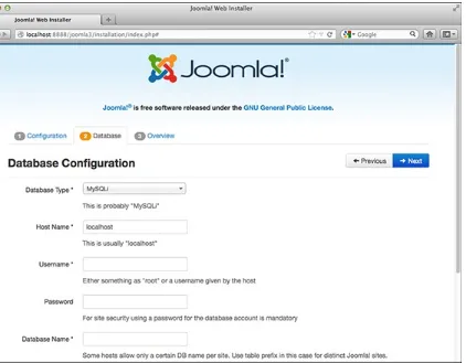 FIGURE 2.6Step 2 of the installation wizard involves providing the information necessary for Joomla! to