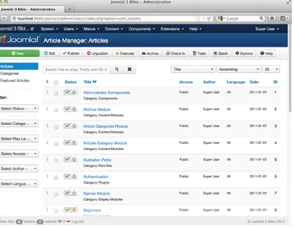 FIGURE 5.1The Article Manager interface, showing Joomla! 3 with sample data installed