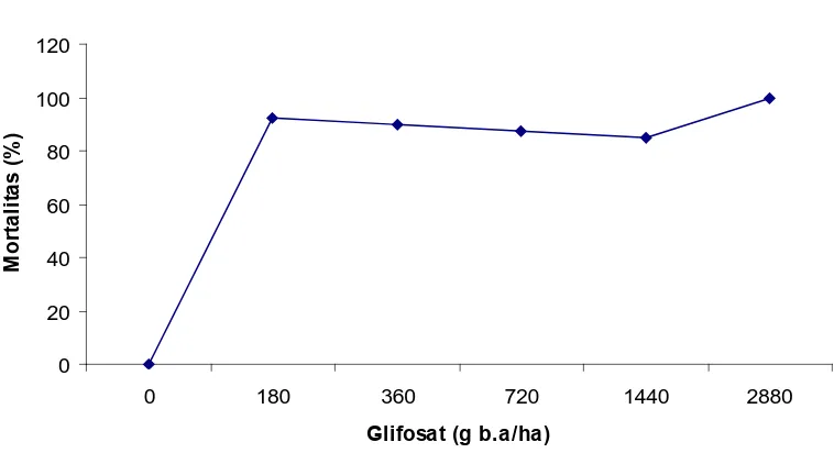 Gambar 11. Grafik hubungan rataan mortalitas dengan dosis herbisida parakuat pada 4 MSA