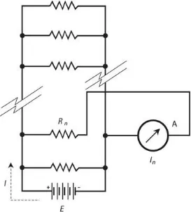 Figure 5-4 illustrates a generic circuit with resistors wired in parallel. Let’s call the resistancevalues Rn , the total circuit resistance R , and the battery voltage E 