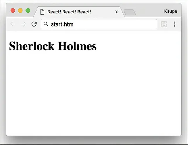 Figure 2.4  Your browser should display Sherlock Holmes. Congratulations! You’ve just built an app using React.