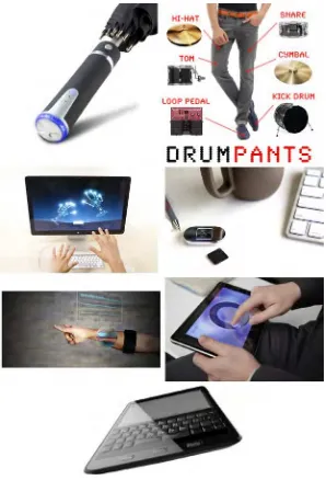 figure 5-4. a collage of near-future tech (from left to right, top to bottom): ambient umbrella, drumPants, the Leap Motion Controller, Lumo back, Mylo armband, senseg, and tactus tablet
