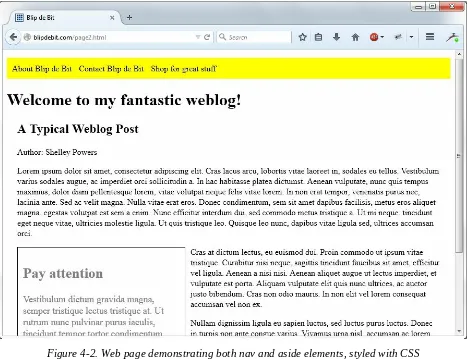 Figure 4-2. Web page demonstrating both nav and aside elements, styled with CSS
