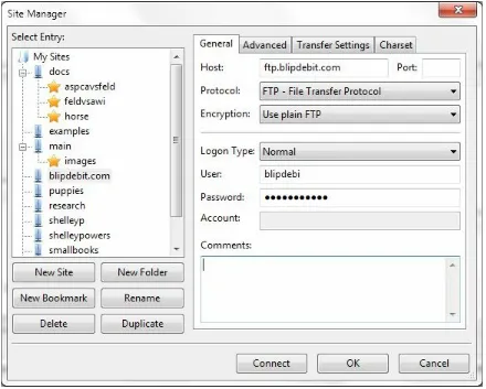 Figure 1-5. FileZilla Site Manager entry for ftp.blipdebit.com