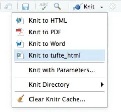 FIGURE 2.4: The output formats listed in the dropdown menu on the RStudio toolbar.