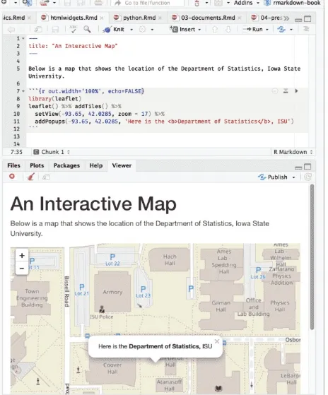 FIGURE 2.7: An R Markdown document with a leaflet map widget.