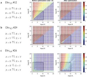 Fig. 6. Response of Division algorithms to varied inputs. For each input com-bination, speciﬁed as initial copies of species A and species B, the probability that themolecule count of X is ⌊A/B⌋ after 100 time units is reported