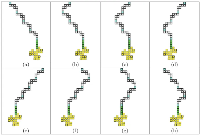 Table 1. Each ﬁgure in this table depicts a possible path that can assemble in T . Theyellow tiles make up the seed and the green tiles are a path leading to the repeatedtile that allows the path to repeat.