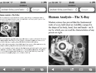 Figure 3-3: The same page displayed on an iPhone before (left) and after (right) the appli-cation of the viewport meta tag