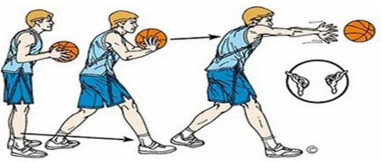 Gambar 1 : Cara mengumpan bola basket dari depan dada (chest pass)