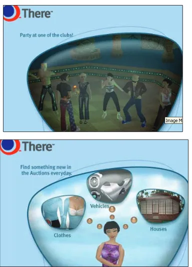 Figure 2. VC inhabitants can interact as if in real life in virtual environments, such as this 3D dance club or shopping for virtual goods (Source: www.There.com)