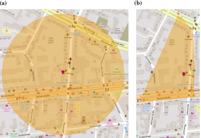 Fig. 4.9 Estimated coverage area shapes within the OpenMobileNetwork a Circular coverage bPolygonal coverage