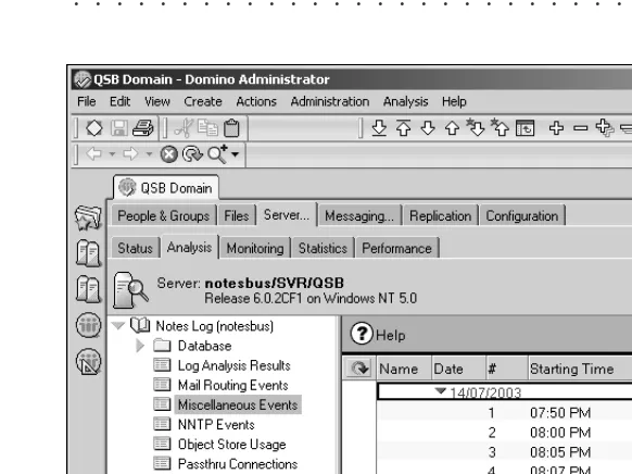 Figure 4.5The Design Miscellaneous Events view of the Notes Log, shown in the Server, Analysistab of the Domino Administrator.