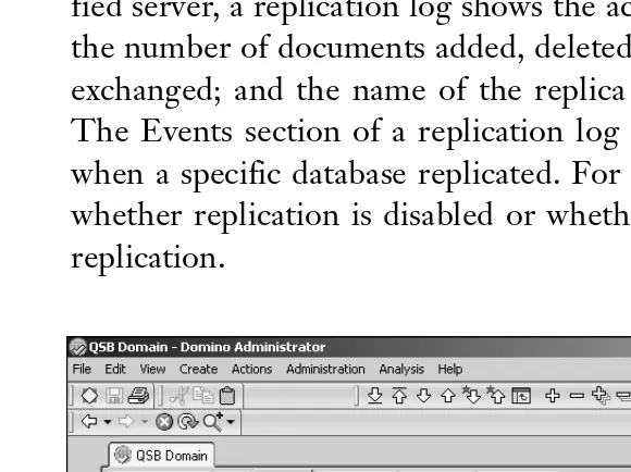 Figure 5.1The Replication Events view of LOG.NSF as shown on the Server, Analysis tab of theDomino Administrator.