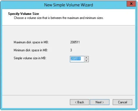 FIGURE 1-3 Set the size of the volume on the Specify Volume Size page in the New Simple Volume Wizard.
