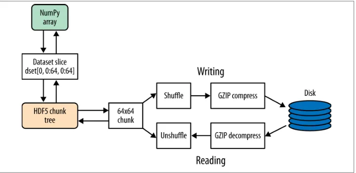 Figure 4-3. HDF5 data pipeline, showing a dataset with GZIP and SHUFFLE filters ap‐plied
