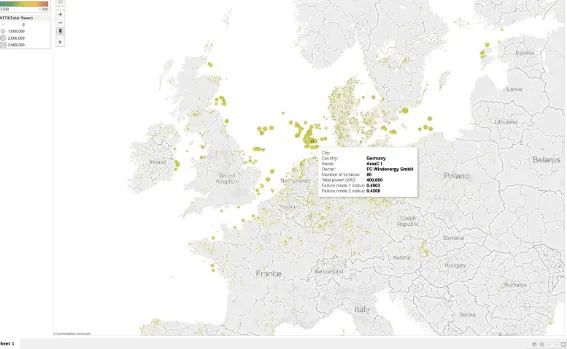 Figure 3-2. Tableau dashboard showing geographic distribution of wind farms in Europe