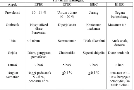 Tabel  2.3 Ciri-ciri infeksi yang disebabkan oleh Escherichia 