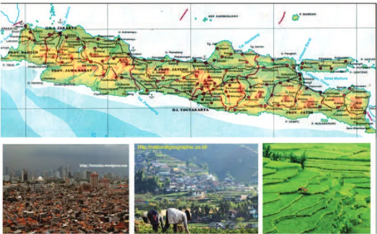 Gambar 1.17. Permukiman padat di Jakarta (A), Lahan pertanian di Dataran Tinggi Dieng (B), dan Pesawahan di Subang Jawa Barat (C) merupakan contoh bentuk-bentuk pemanfaatan